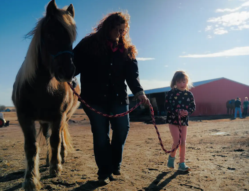 A young rider guiding a horse