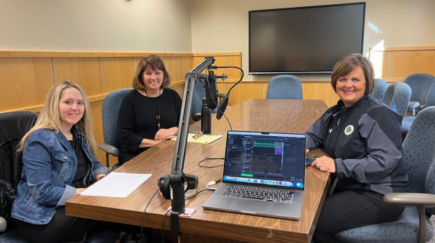 Christina Riss, Patti Lake-Torbert, and Dr. Jane Stavem recording a podcast.